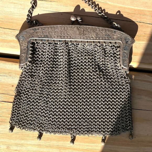 Antique Genuine German Silver Mesh Purse 5" x 5" with 8.5" Strap Drop - Picture 1 of 12